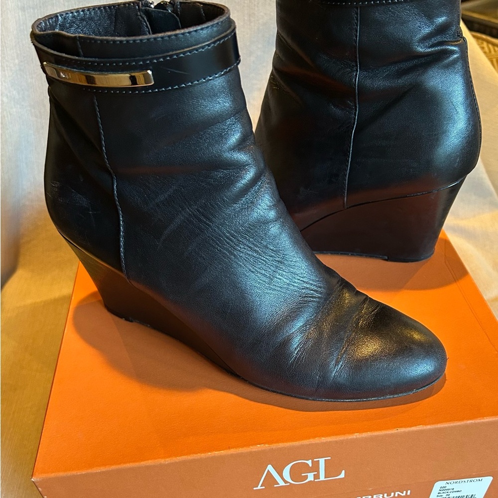 AGL Black Leather Wedge Boots